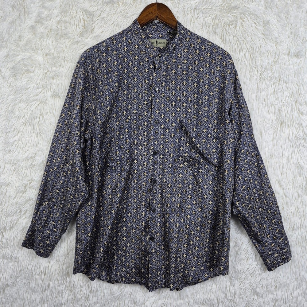 Vtg Robert Stock Mens Blue Fleur De Lis Geometric 100% Silk Band Collar Shirt M